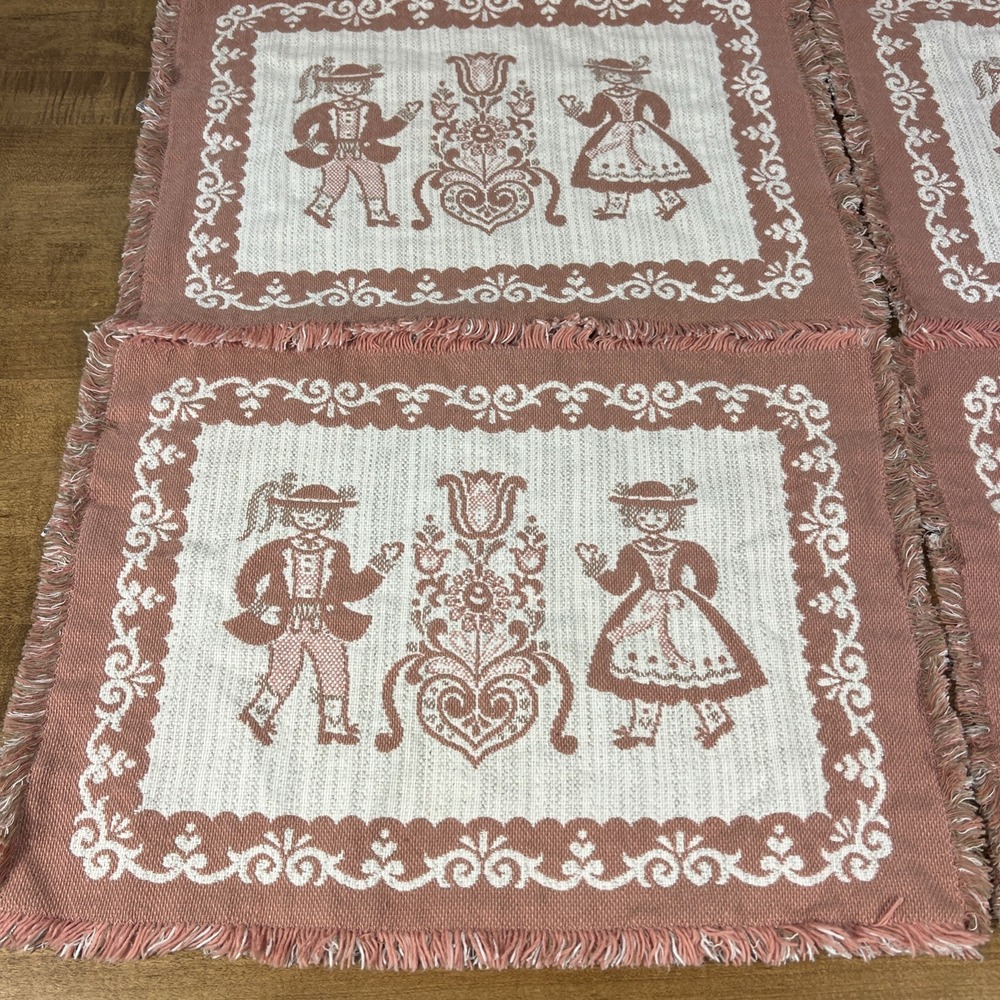 Vintage‎ Set Of 4 Austrian Placemats Pink Fringe Woven Folk Art Cotton/Linen - Picture 6 of 15